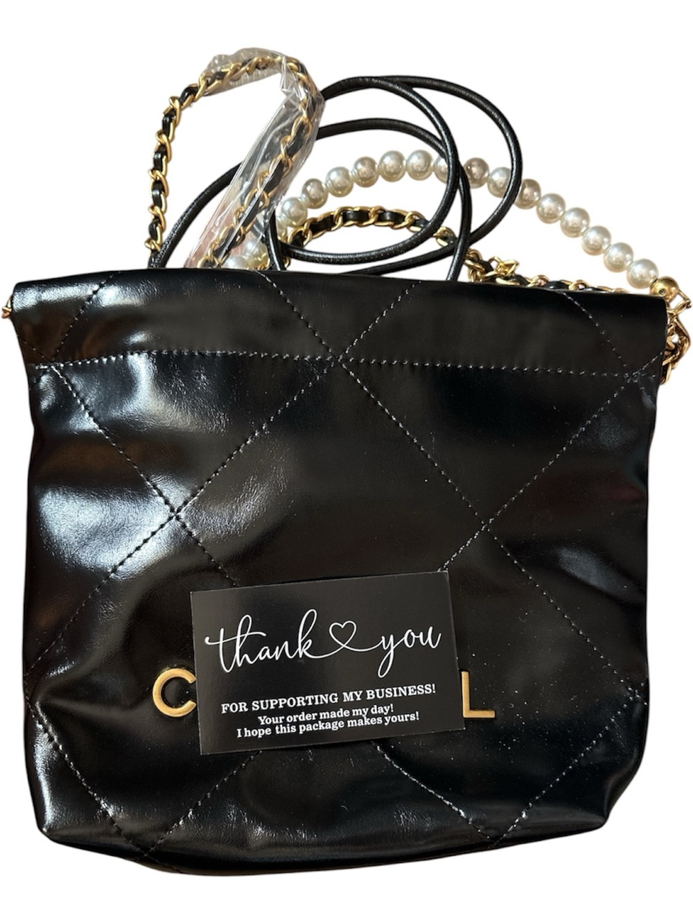 Black Quilted Leather Crossbody Bag with Pearl & Gold Chain Strap
